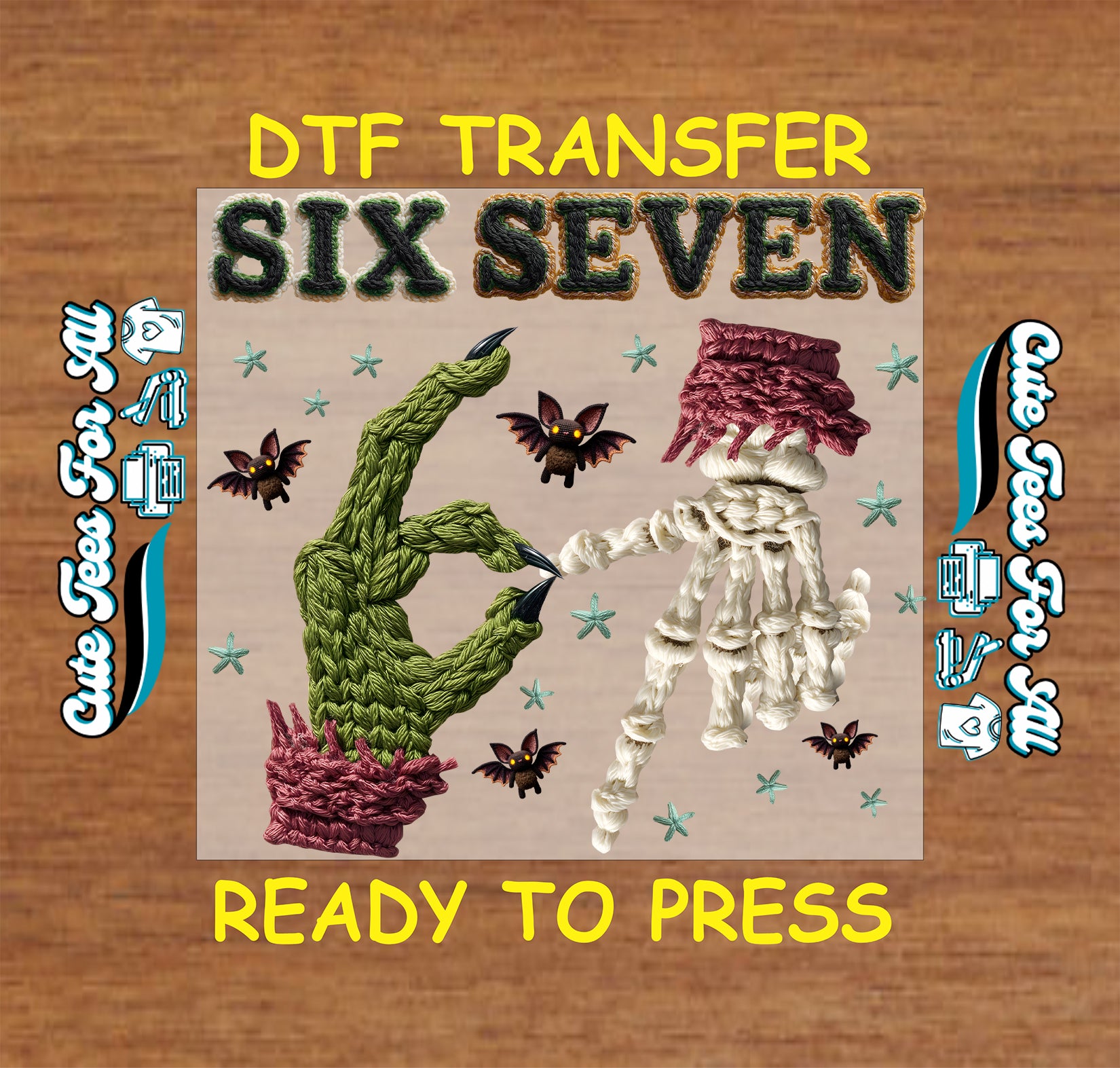 crochet style halloween monster hand and skeleton hand with text six seven bats and stars ready to press dtf iron on heat transfer for diy halloween shirts