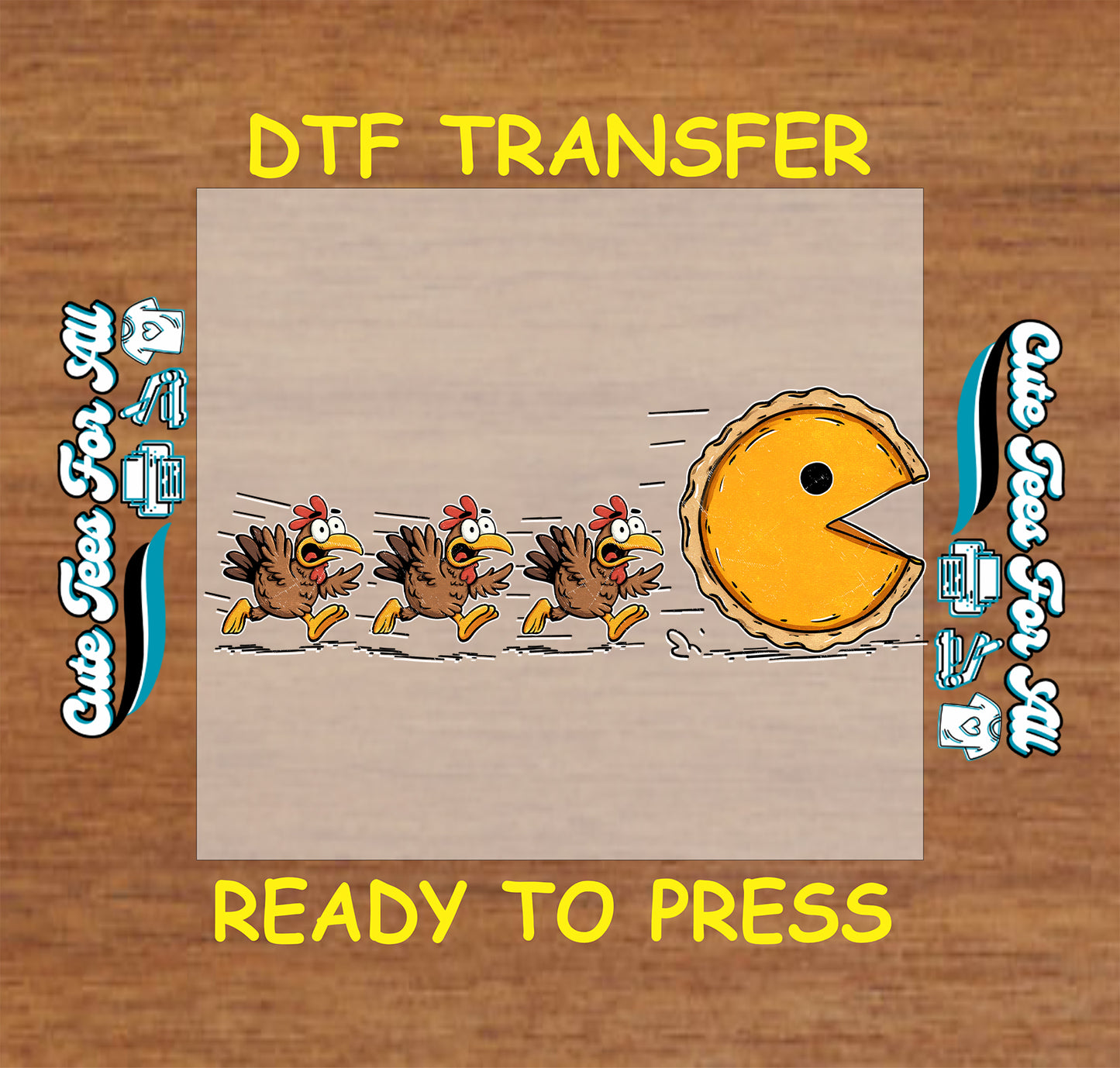 Funny Thanksgiving ready to press dtf iron on heat transfer with three cartoon turkeys running from a pumpkin pie character for DIY Thanksgiving shirts