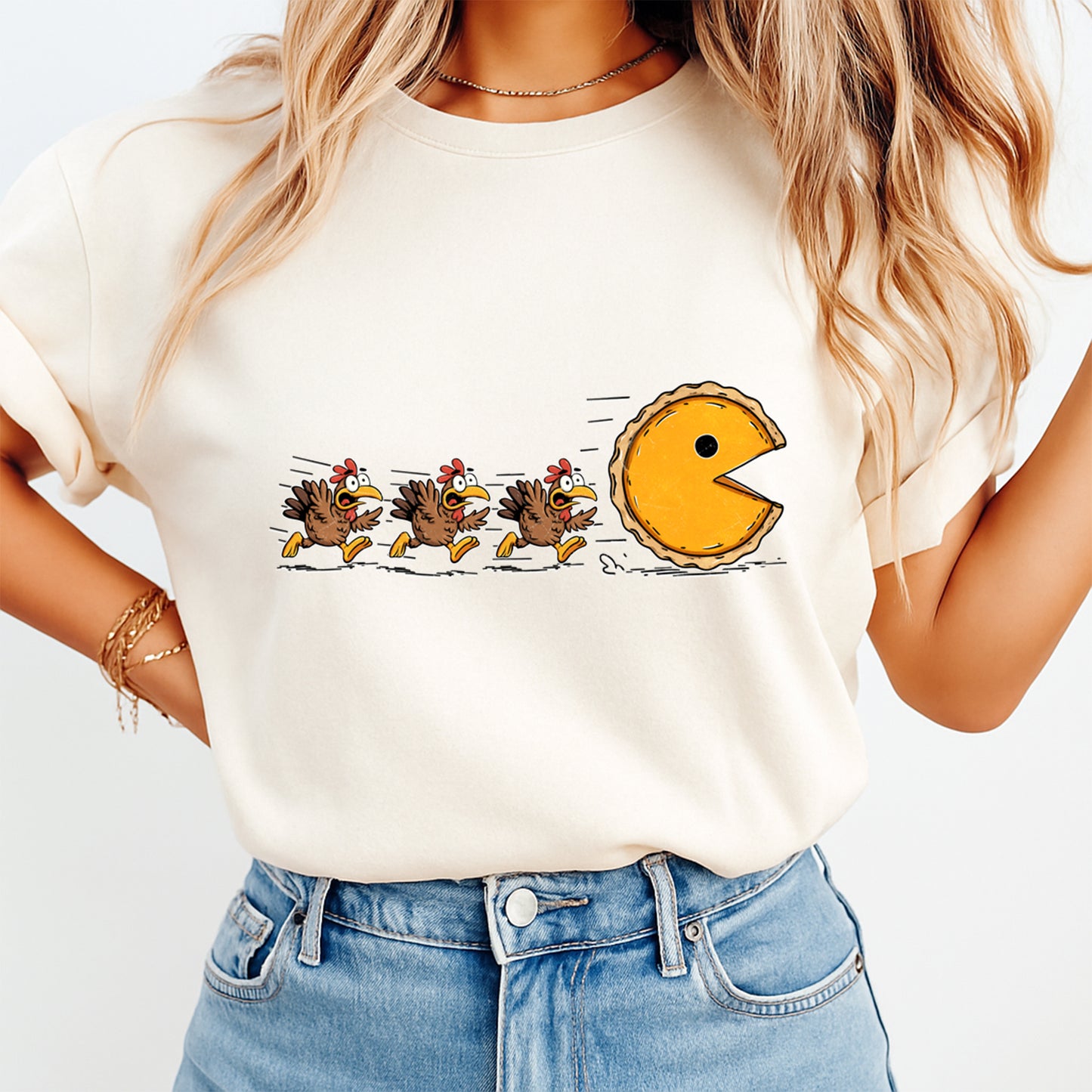 Thanksgiving Turkeys Chased by Pumpkin Pie DTF Transfer – Ready to Press Iron On Heat Transfer for DIY Thanksgiving Shirts 12154