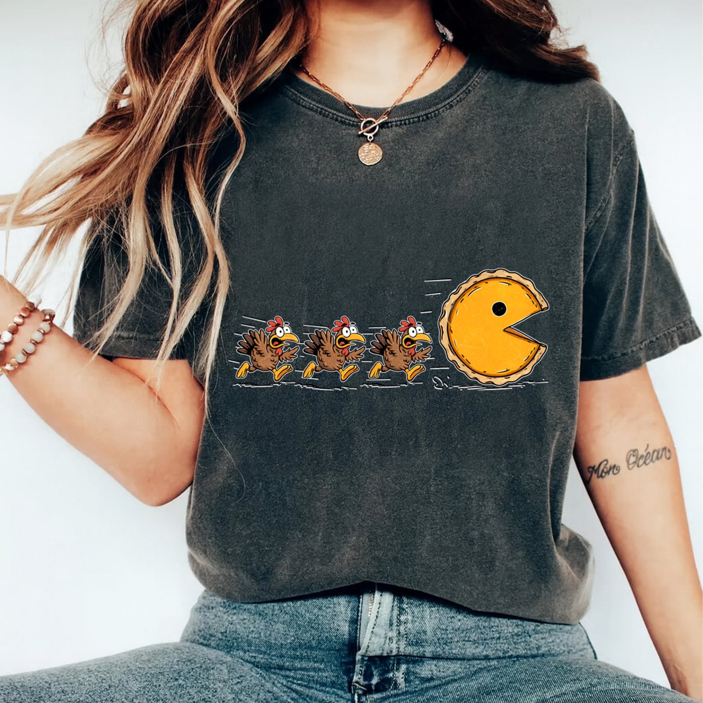 Thanksgiving Turkeys Chased by Pumpkin Pie DTF Transfer – Ready to Press Iron On Heat Transfer for DIY Thanksgiving Shirts 12154