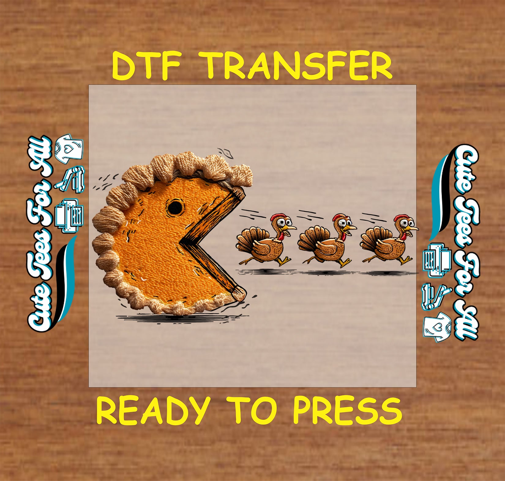 Thanksgiving ready to press dtf iron on heat transfer with cartoon pumpkin pie chasing running turkeys for DIY Thanksgiving shirts