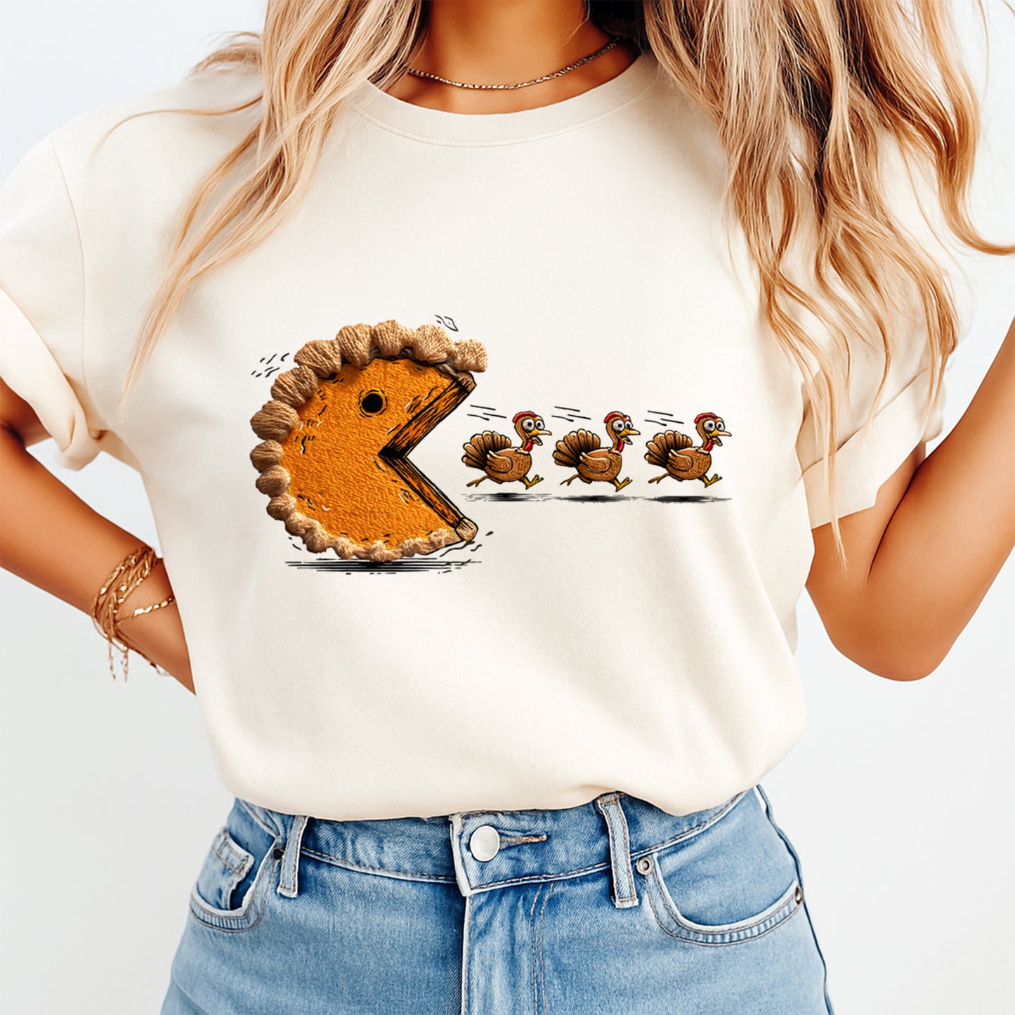 Thanksgiving Turkeys & Pumpkin Pie Chase DTF Transfer – Ready to Press Iron On Heat Transfer for DIY Thanksgiving Shirts 12155