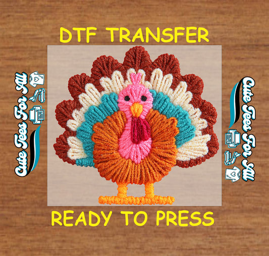 Thanksgiving ready to press dtf iron on heat transfer with colorful yarn crochet turkey for DIY Thanksgiving shirts