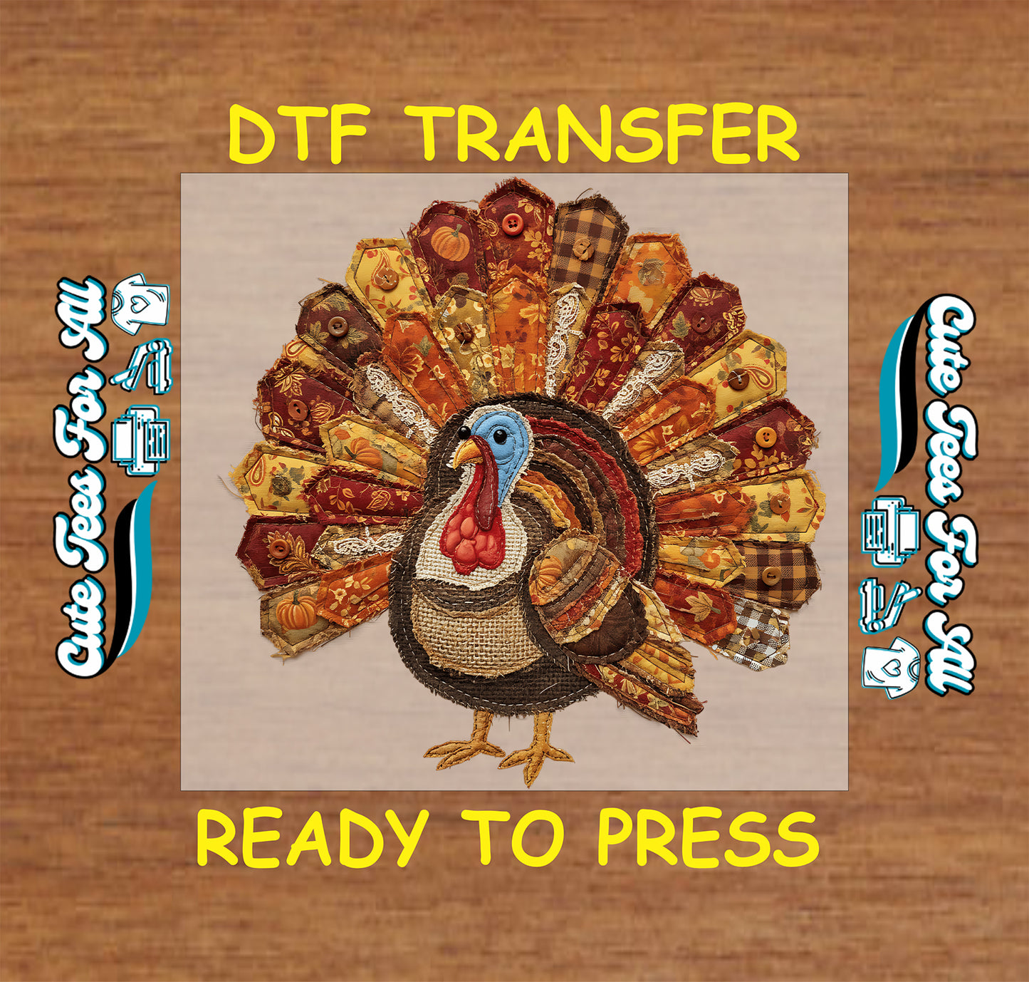Thanksgiving ready to press dtf iron on heat transfer with rustic patchwork quilt turkey in autumn colors for DIY Thanksgiving shirts