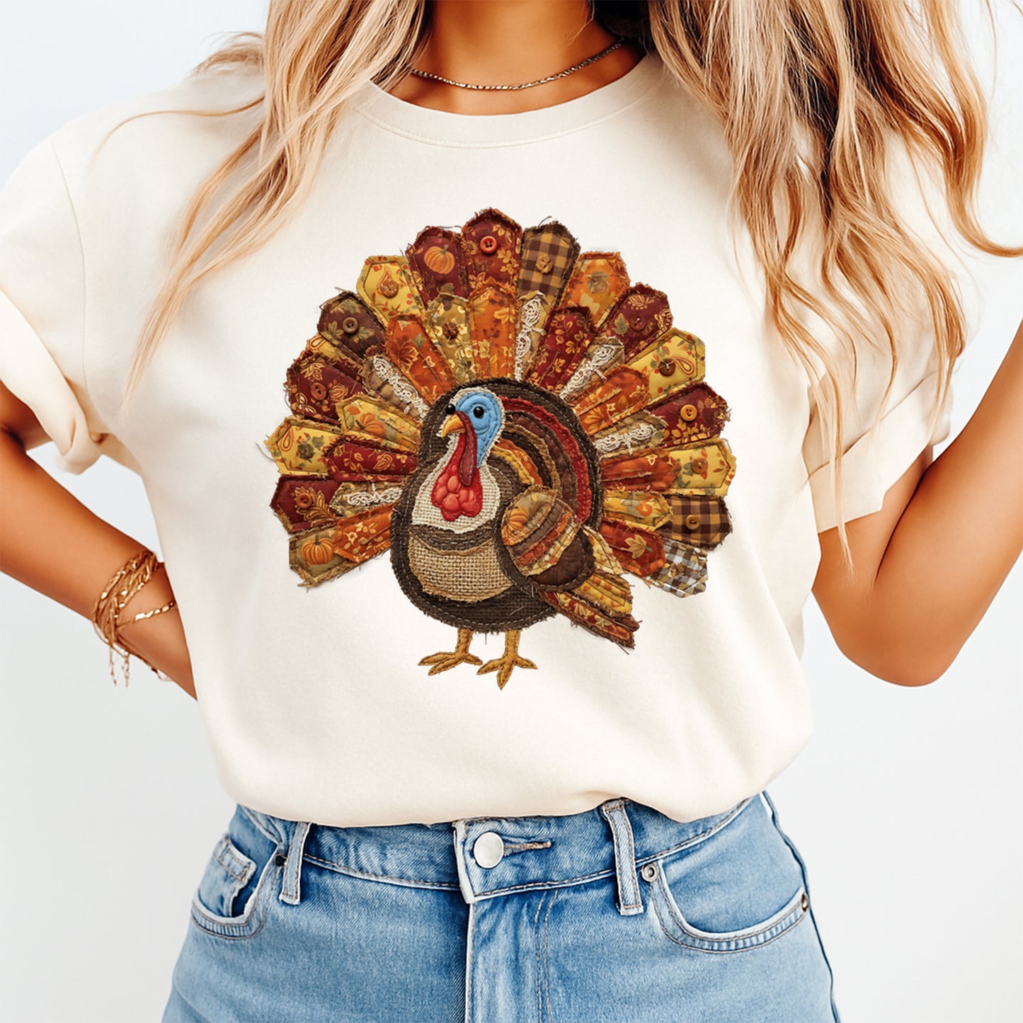 Thanksgiving Patchwork Turkey DTF Transfer – Ready to Press Iron On Heat Transfer for DIY Thanksgiving Shirts 12157
