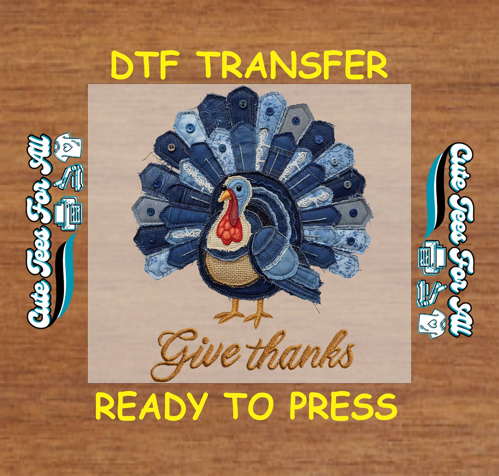 Thanksgiving ready to press dtf iron on heat transfer with denim patchwork turkey and embroidered give thanks text for DIY Thanksgiving shirts