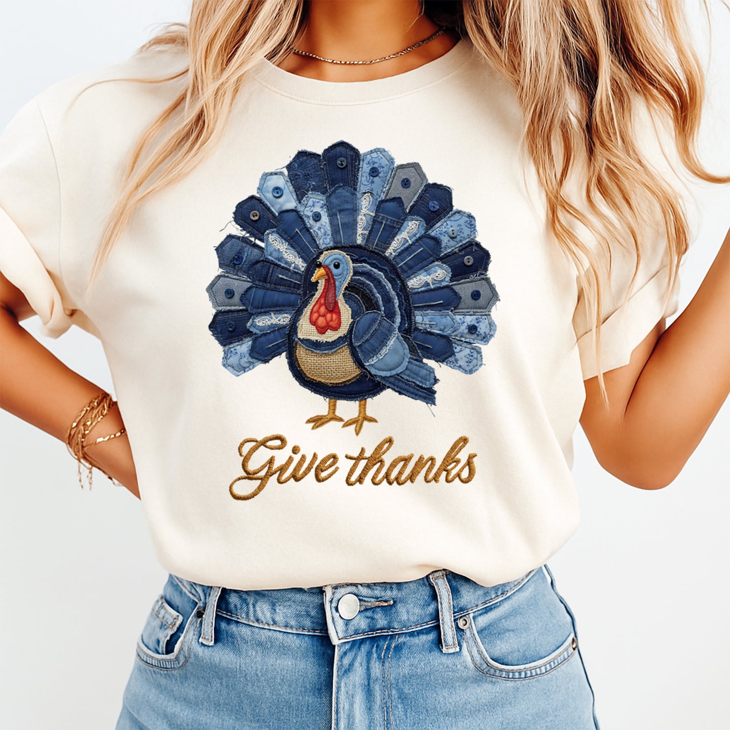 Thanksgiving Denim Patchwork Turkey DTF Transfer – Ready to Press Iron On Heat Transfer for DIY Thanksgiving Shirts 12158