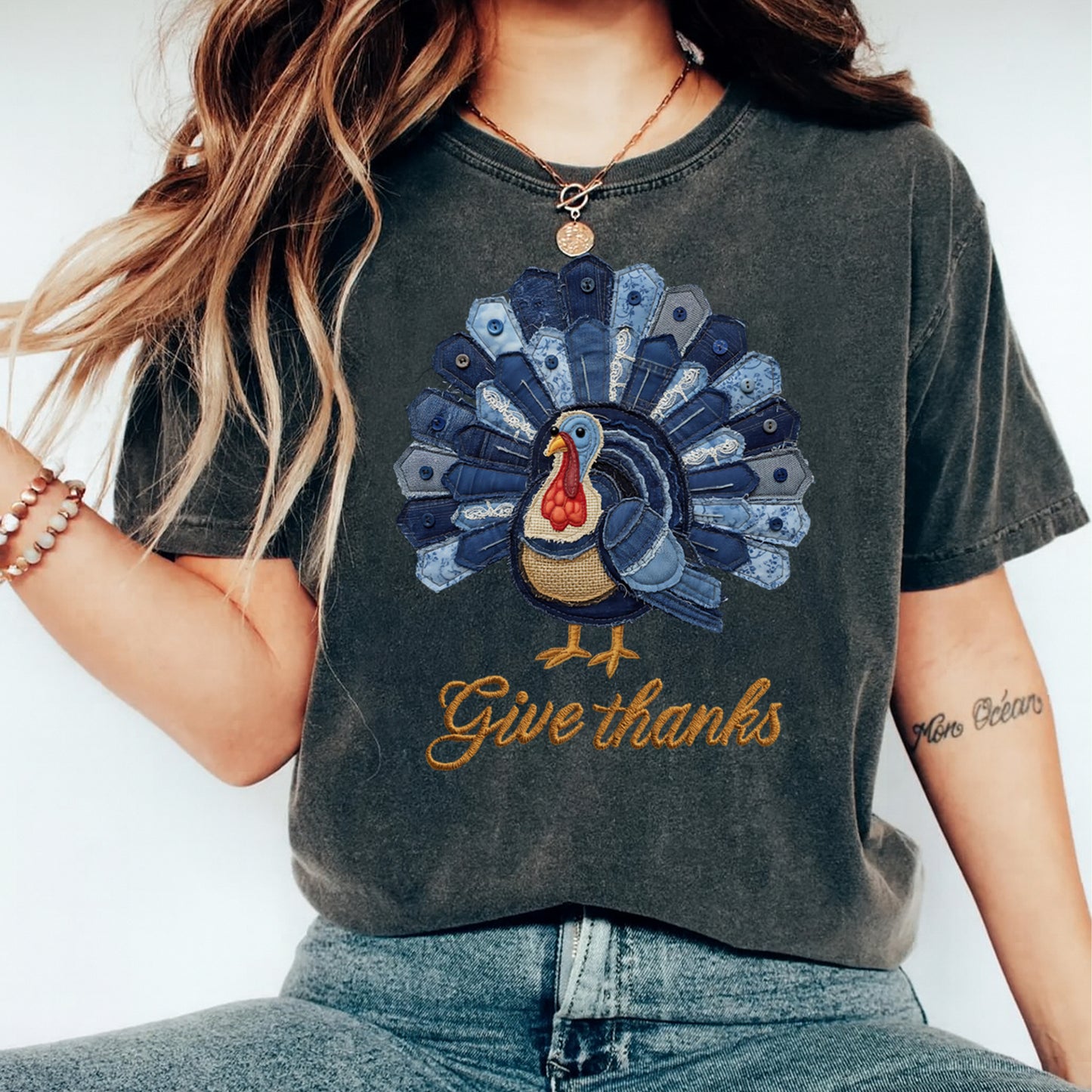 Thanksgiving Denim Patchwork Turkey DTF Transfer – Ready to Press Iron On Heat Transfer for DIY Thanksgiving Shirts 12158