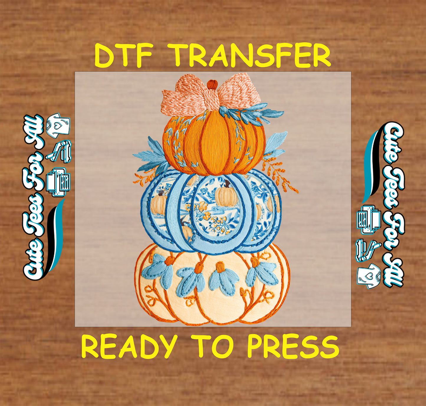 Thanksgiving ready to press dtf iron on heat transfer with stacked embroidered pumpkins and stitched fall details for DIY Thanksgiving shirts