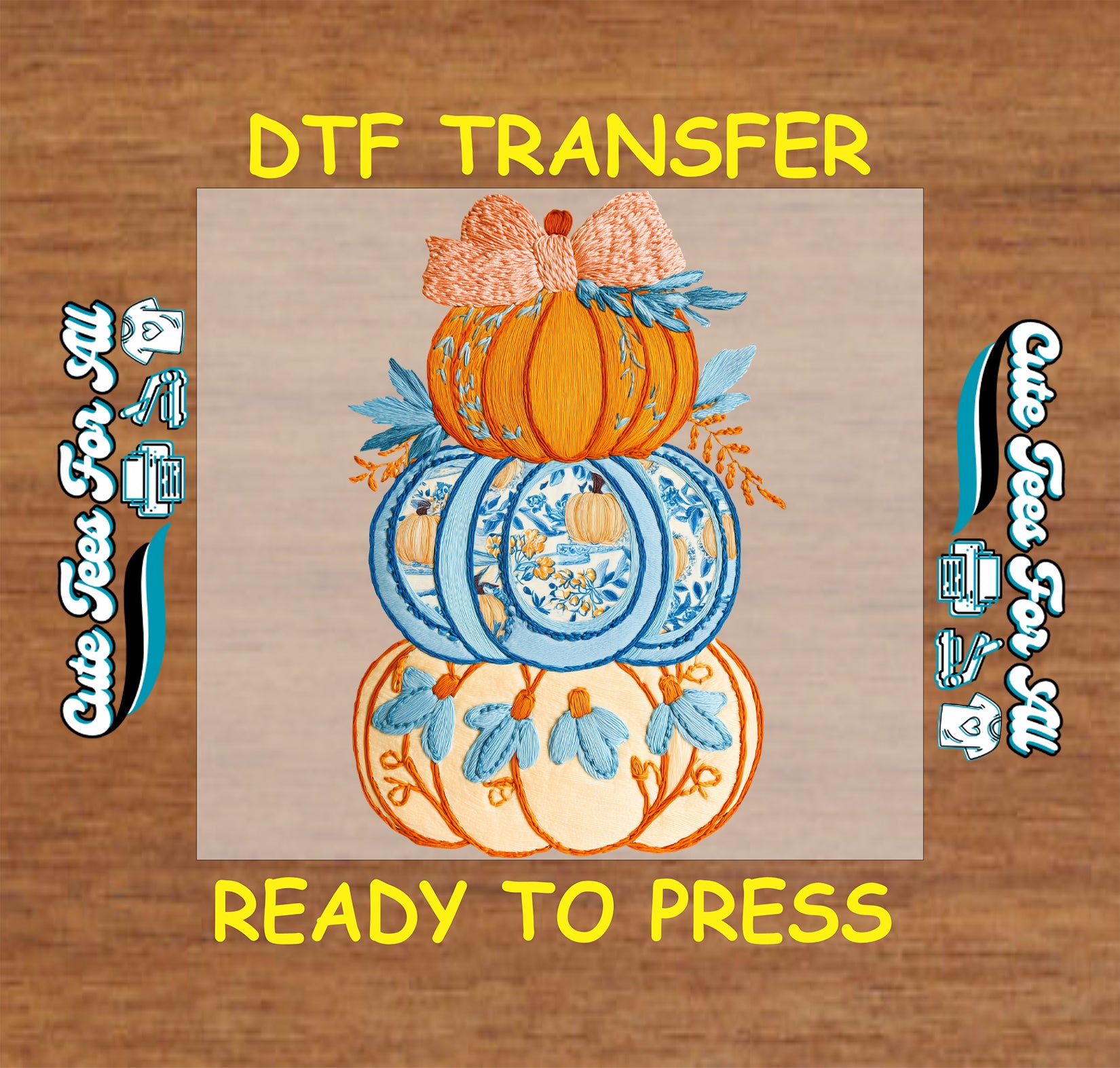 Thanksgiving ready to press dtf iron on heat transfer with stacked embroidered pumpkins and stitched fall details for DIY Thanksgiving shirts