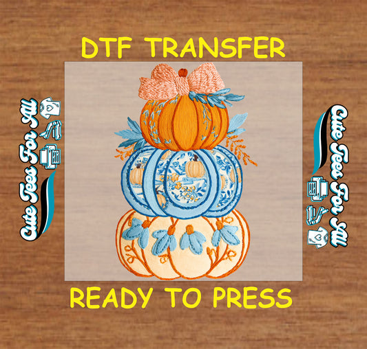 Thanksgiving ready to press dtf iron on heat transfer with stacked embroidered pumpkins and stitched fall details for DIY Thanksgiving shirts