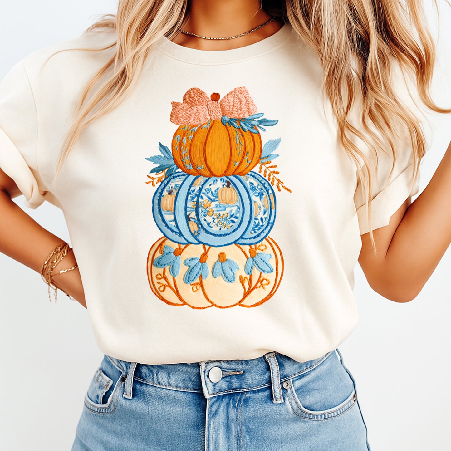 Thanksgiving Stacked Embroidery Pumpkins DTF Transfer – Ready to Press Iron On Heat Transfer for DIY Thanksgiving Shirts 12159