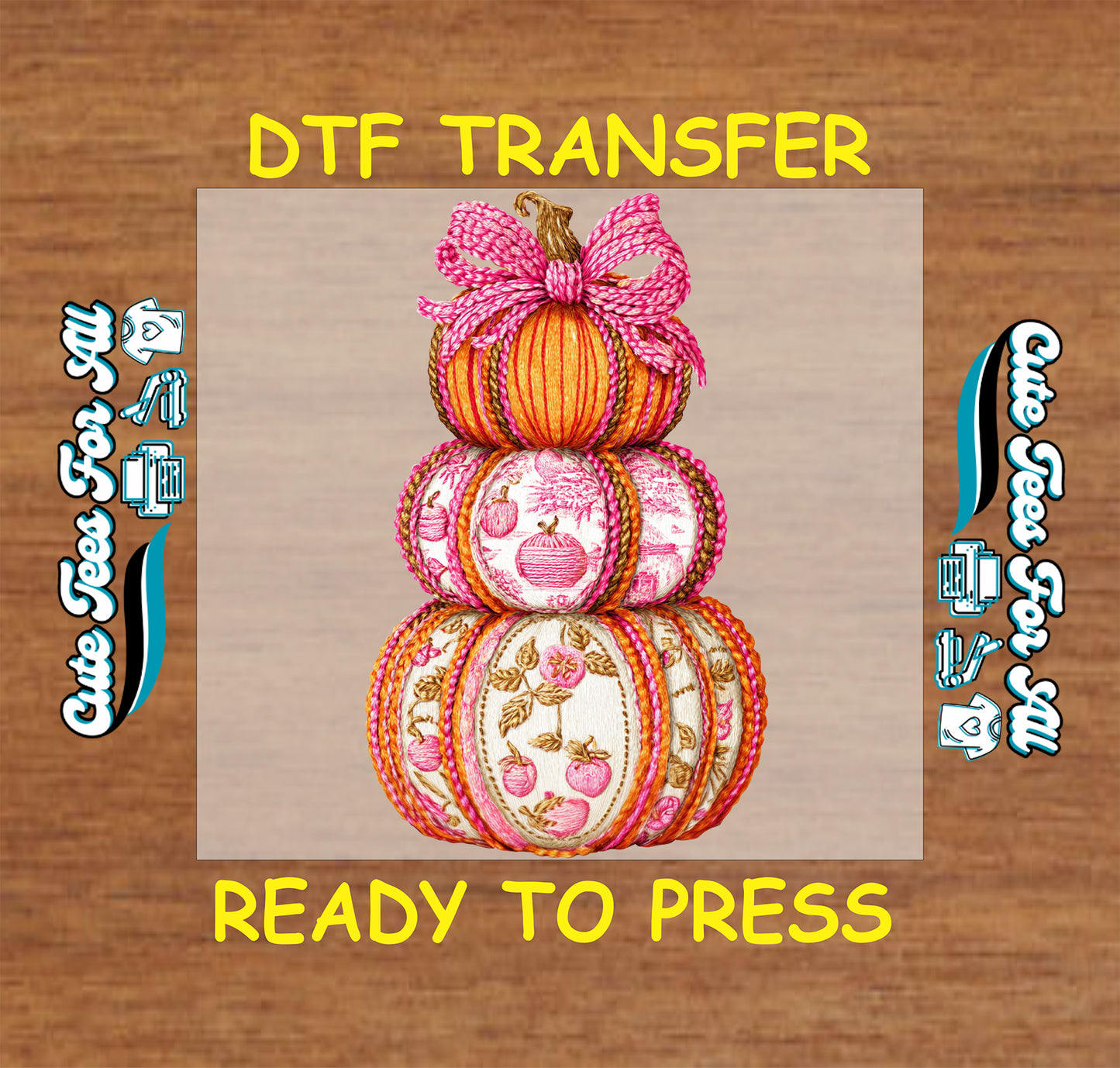 ready to press dtf fall pumpkin stack iron on heat transfer with pink yarn bow for diy fall shirts