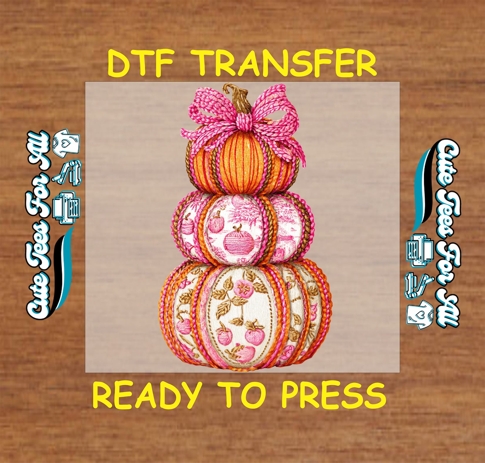 ready to press dtf fall pumpkin stack iron on heat transfer with pink yarn bow for diy fall shirts