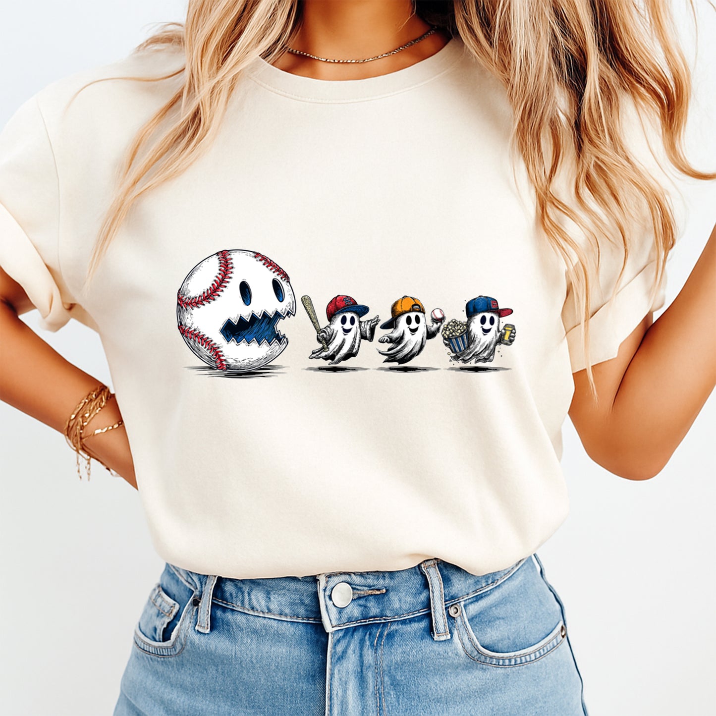 Baseball Halloween Ghost Chase DTF Transfer – Ready to Press Iron On Heat Transfer for DIY Halloween Shirts 12161