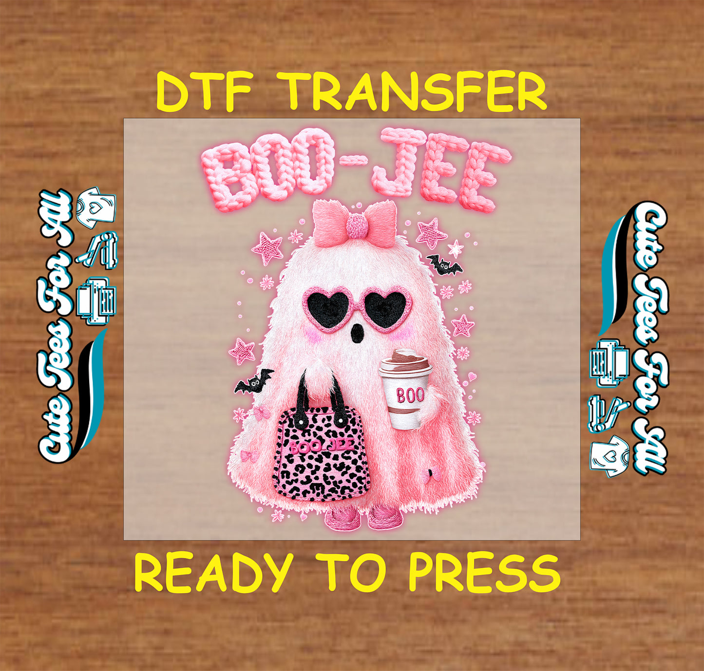 Pink Boo-Jee ghost graphic with bow, sunglasses, coffee, and leopard bag ready to press dtf iron on heat transfer