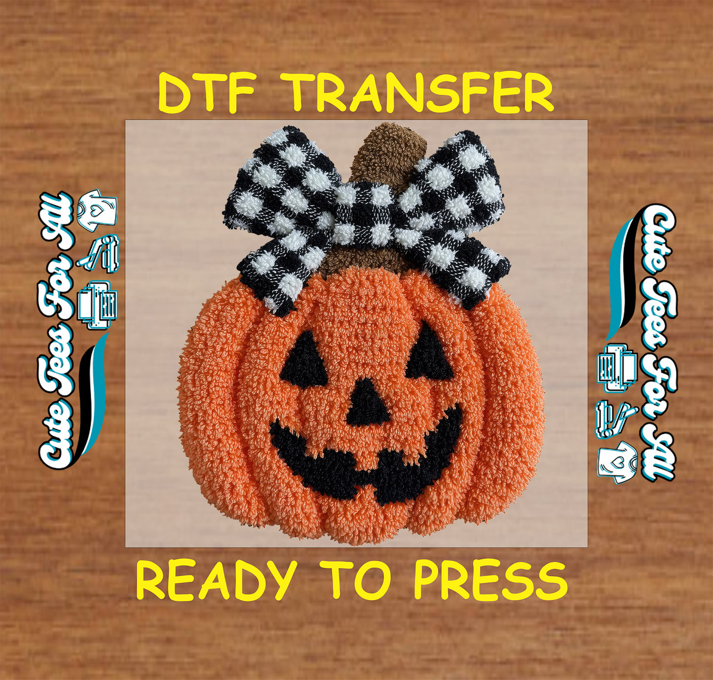 Halloween pumpkin with black and white bow textured yarn style ready to press dtf iron on heat transfer