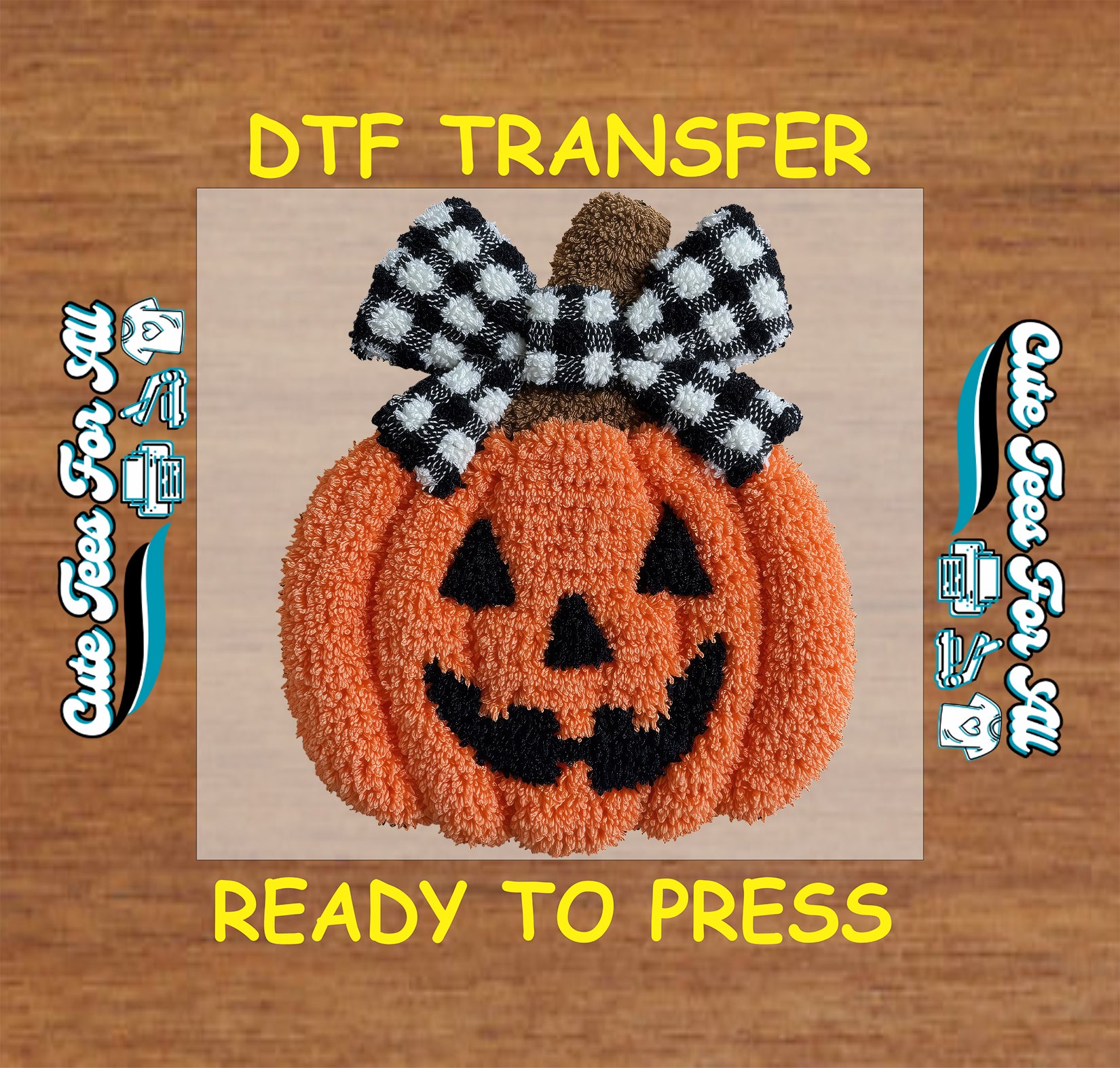 Halloween pumpkin with black and white bow textured yarn style ready to press dtf iron on heat transfer