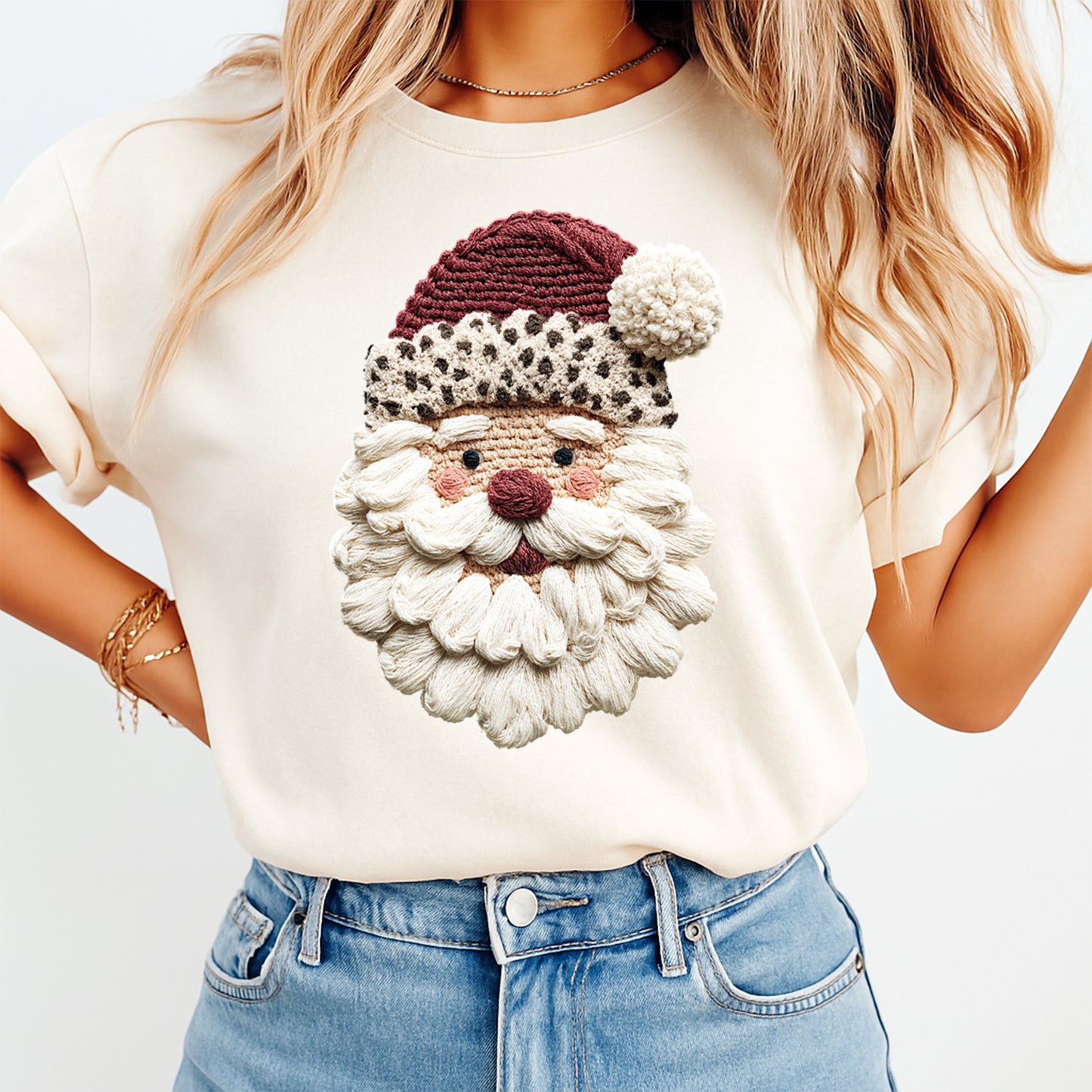 Christmas Santa Yarn Crochet DTF Transfer – Ready to Press Iron On Heat Transfer for DIY Christmas Shirts 12165
