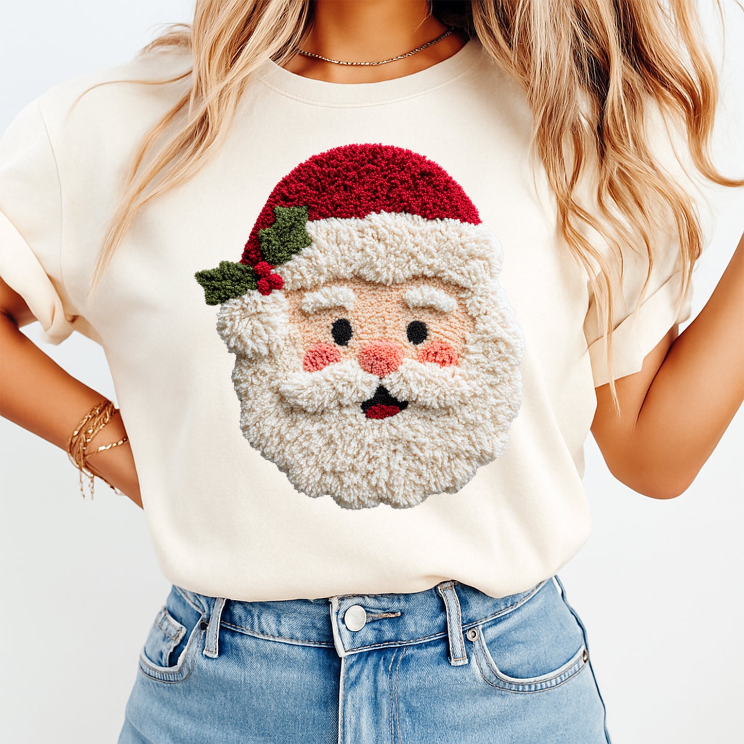 Christmas Santa Yarn Crochet DTF Transfer – Ready to Press Iron On Heat Transfer for DIY Christmas Shirts 12166