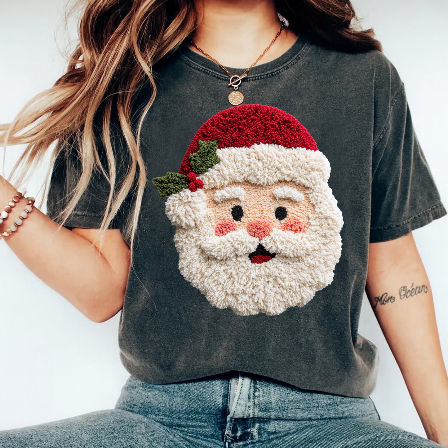 Christmas Santa Yarn Crochet DTF Transfer – Ready to Press Iron On Heat Transfer for DIY Christmas Shirts 12166