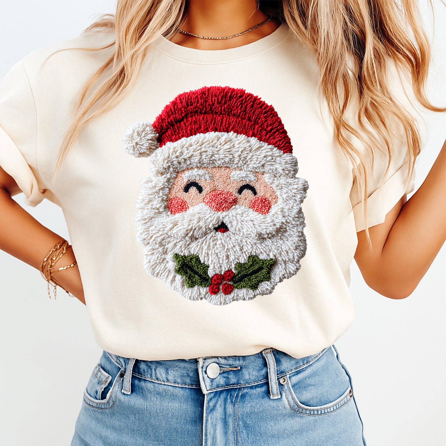 Christmas Santa Yarn Crochet DTF Transfer – Ready to Press Iron On Heat Transfer for DIY Christmas Shirts 12167