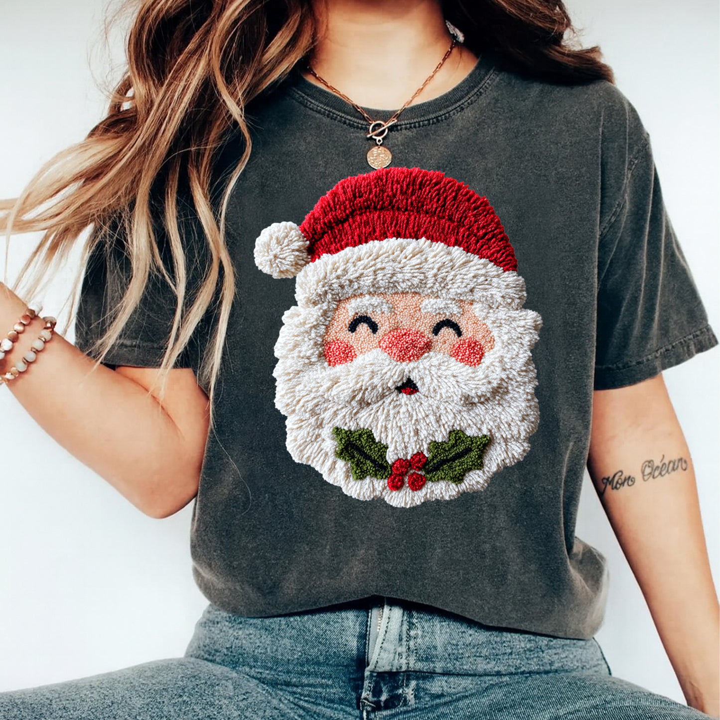 Christmas Santa Yarn Crochet DTF Transfer – Ready to Press Iron On Heat Transfer for DIY Christmas Shirts 12167