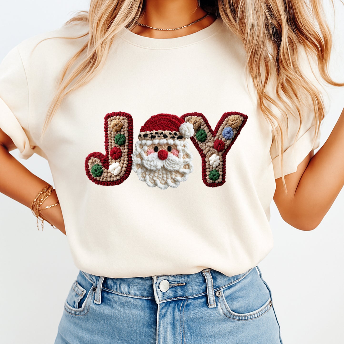 Christmas JOY Santa Yarn Crochet DTF Transfer – Ready to Press Iron On Heat Transfer for DIY Christmas Shirts 12168