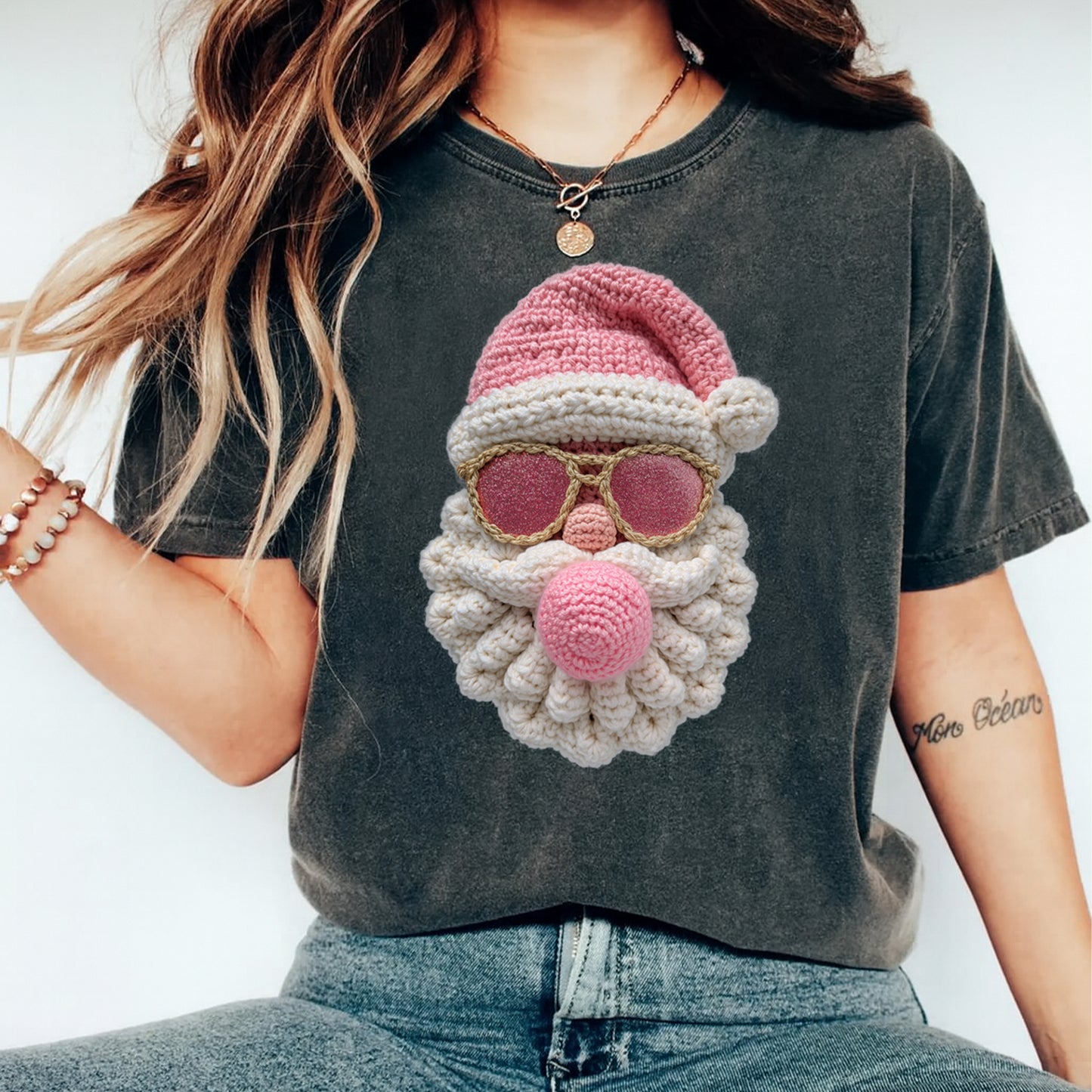 Christmas Pink Santa Yarn Crochet DTF Transfer – Ready to Press Iron On Heat Transfer for DIY Christmas Shirts 12172