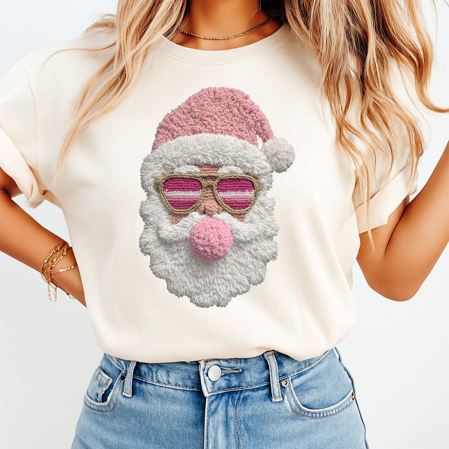 Christmas Pink Santa Yarn Crochet DTF Transfer – Ready to Press Iron On Heat Transfer for DIY Christmas Shirts 12173