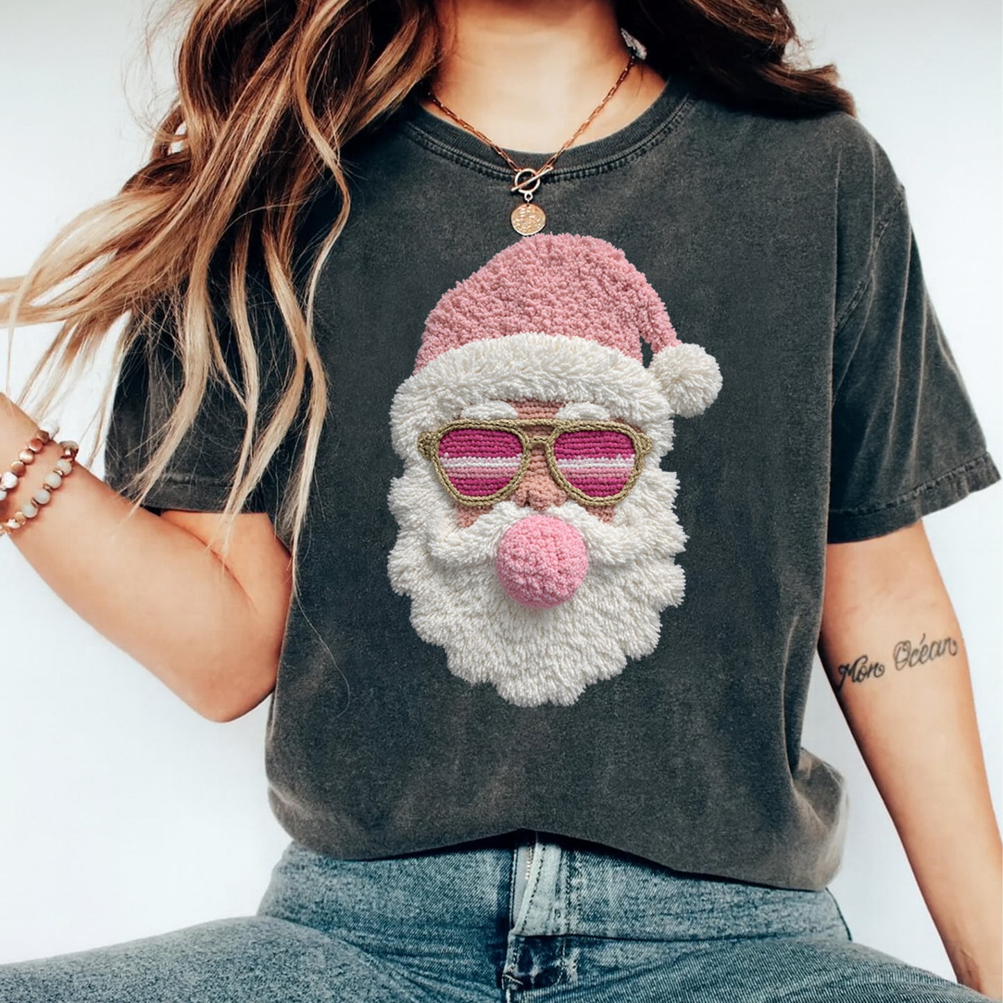 Christmas Pink Santa Yarn Crochet DTF Transfer – Ready to Press Iron On Heat Transfer for DIY Christmas Shirts 12173