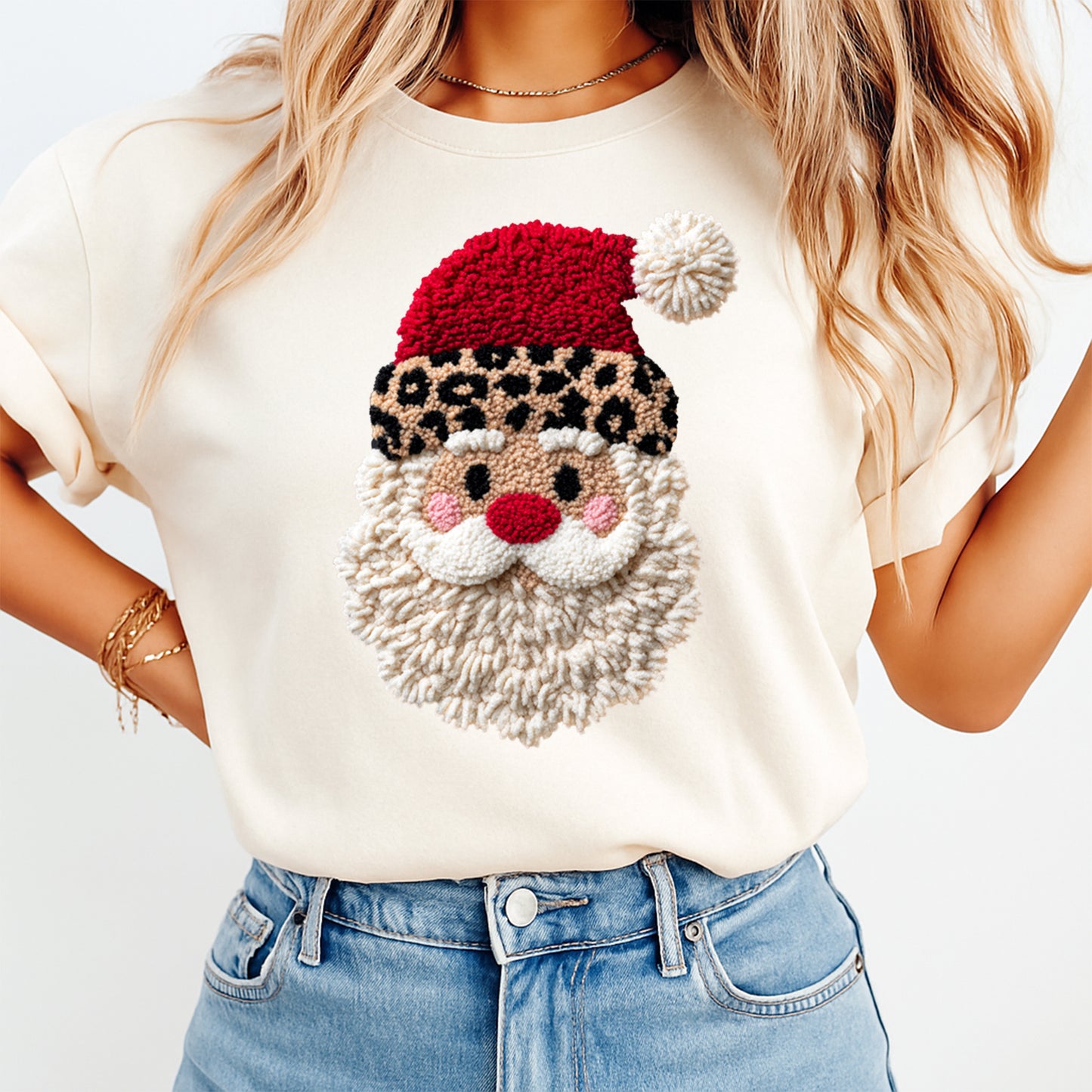 Christmas Leopard Santa Yarn Crochet DTF Transfer – Ready to Press Iron On Heat Transfer for DIY Christmas Shirts 12175