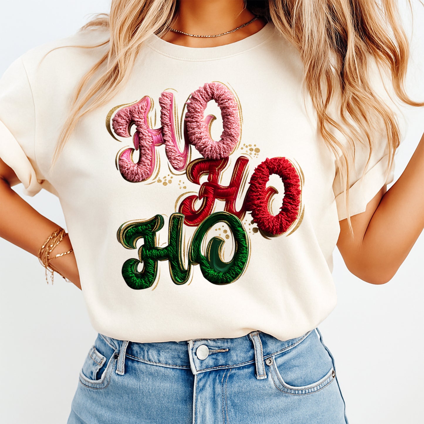 Christmas Ho Ho Ho Yarn Crochet DTF Transfer – Ready to Press Iron On Heat Transfer for DIY Christmas Shirts 12179