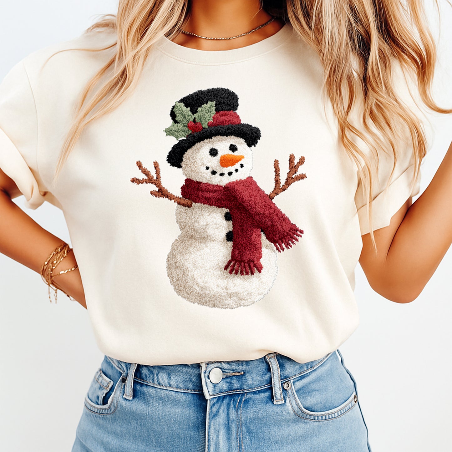 Christmas Snowman Yarn Crochet DTF Transfer – Ready to Press Iron On Heat Transfer for DIY Christmas Shirts 12180