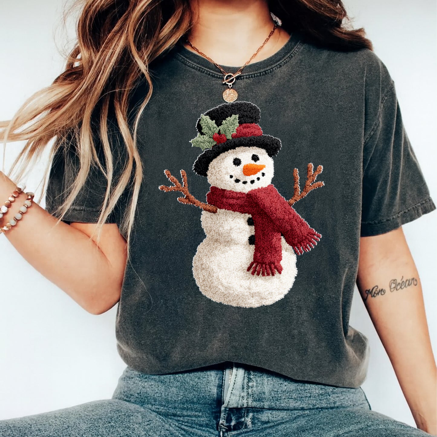 Christmas Snowman Yarn Crochet DTF Transfer – Ready to Press Iron On Heat Transfer for DIY Christmas Shirts 12180