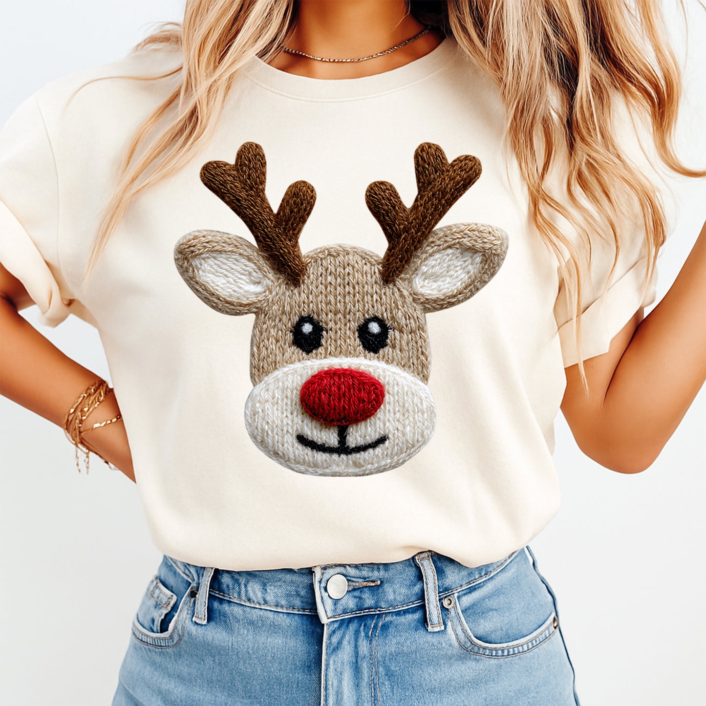 Christmas Reindeer Yarn Crochet DTF Transfer – Ready to Press Iron On Heat Transfer for DIY Christmas Shirts 12200