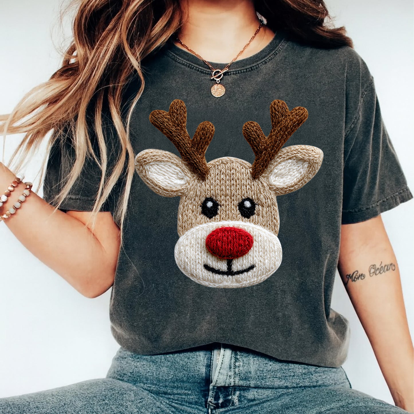 Christmas Reindeer Yarn Crochet DTF Transfer – Ready to Press Iron On Heat Transfer for DIY Christmas Shirts 12200