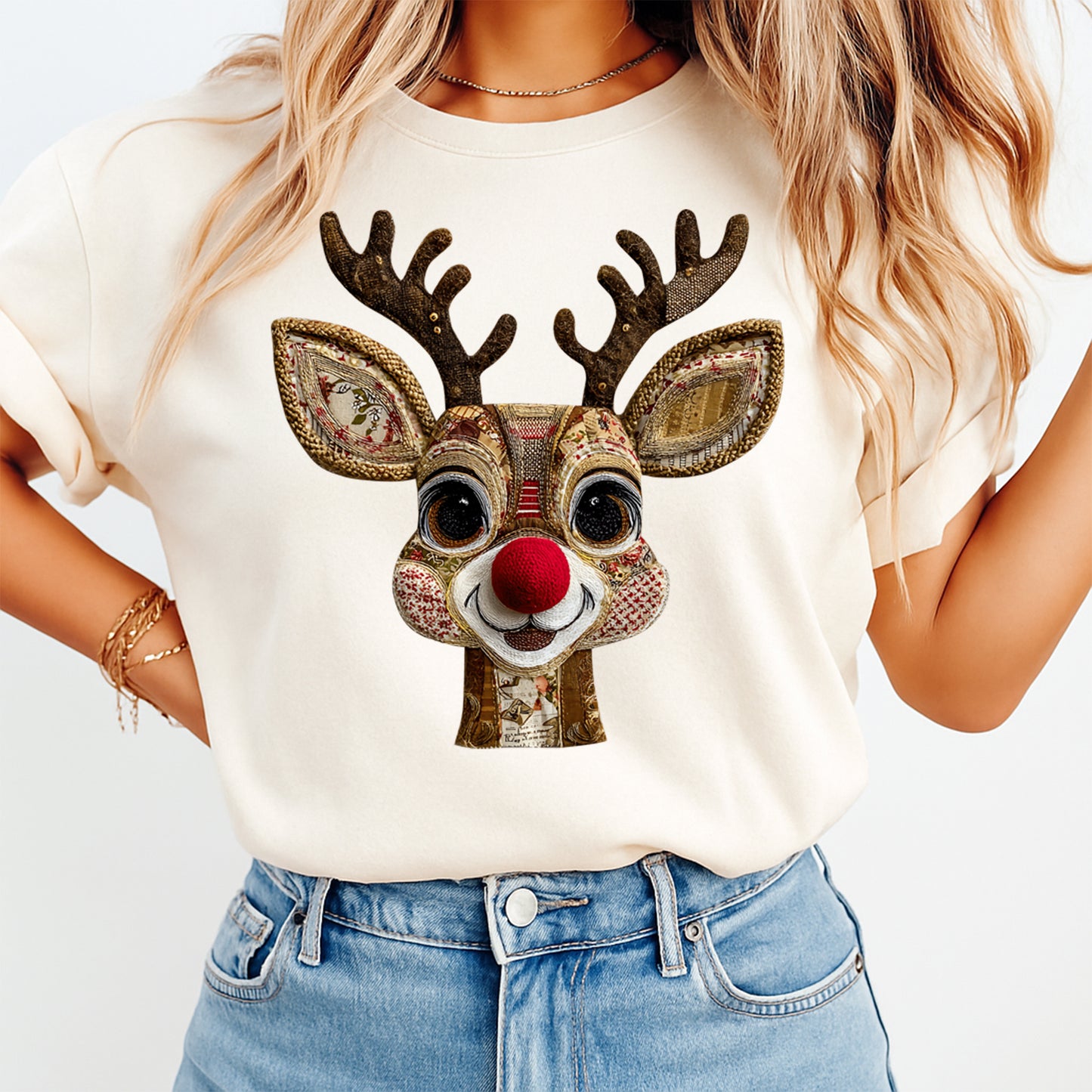 Christmas Patchwork Reindeer DTF Transfer – Ready to Press Iron On Heat Transfer for DIY Christmas Shirts 12201