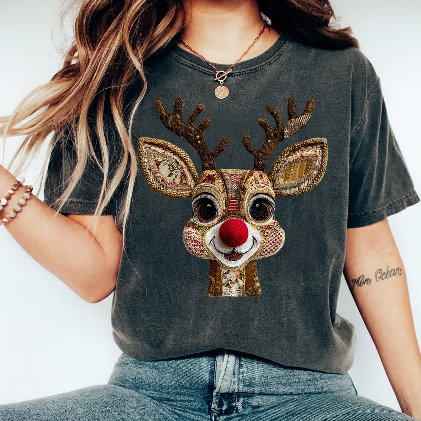 Christmas Patchwork Reindeer DTF Transfer – Ready to Press Iron On Heat Transfer for DIY Christmas Shirts 12201