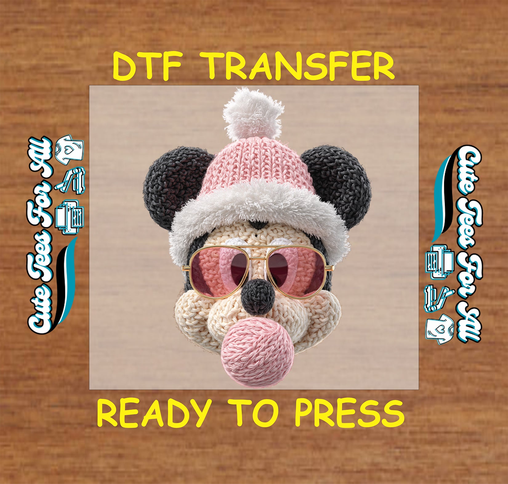 christmas crochet bear with pink hat ready to press dtf iron on heat transfer for diy christmas shirts