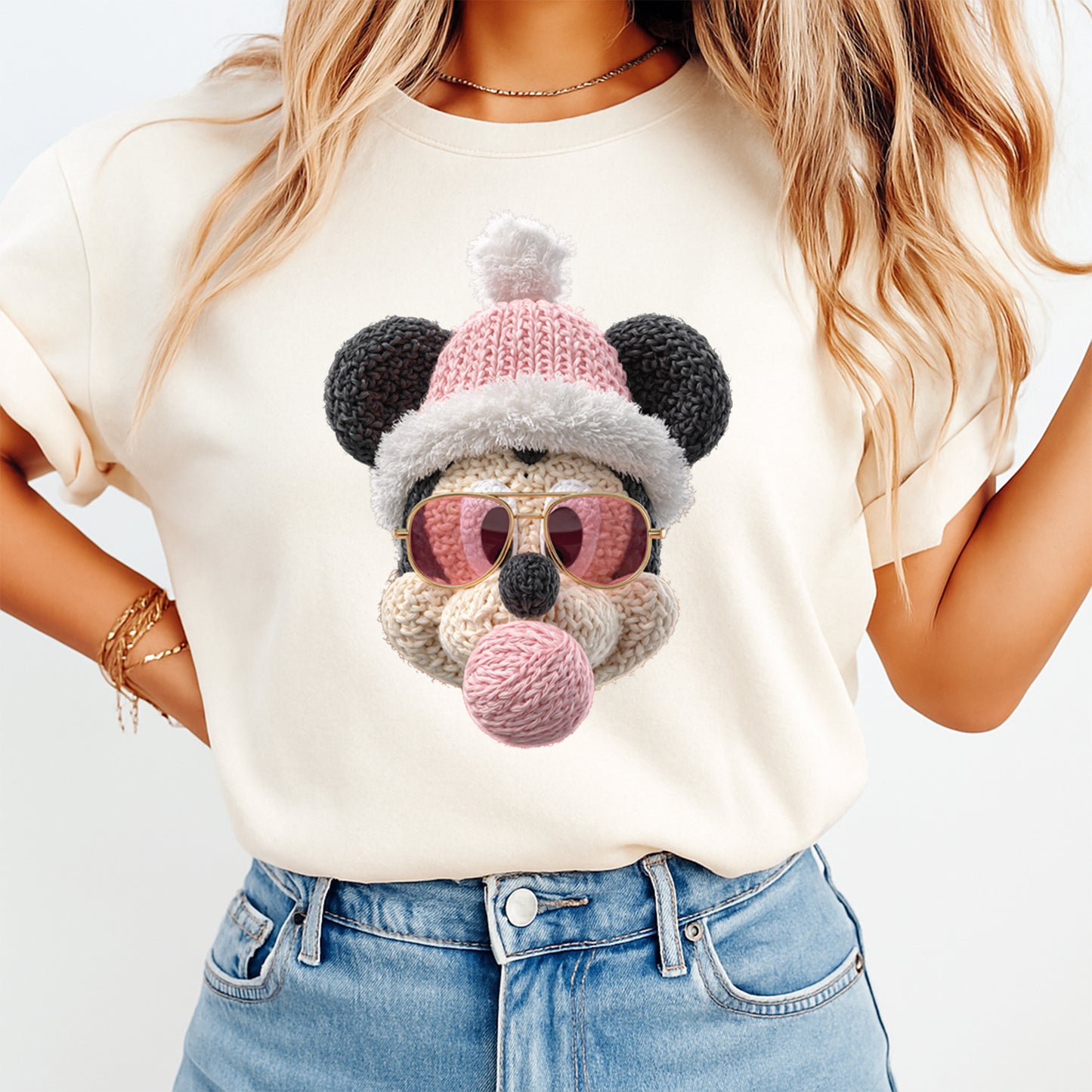 Christmas Crochet Bear in Pink Hat DTF Transfer – Ready to Press Iron On Heat Transfer for DIY Christmas Shirts 12202
