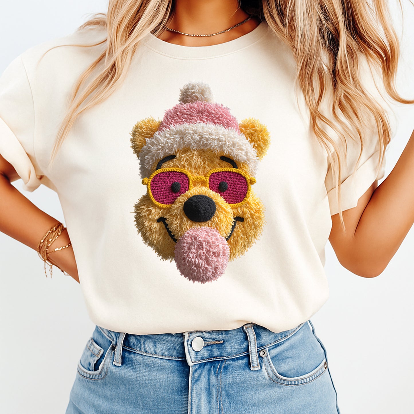 Christmas Crochet Bear in Pink Winter Hat DTF Transfer – Ready to Press Iron On Heat Transfer for DIY Christmas Shirts 12203