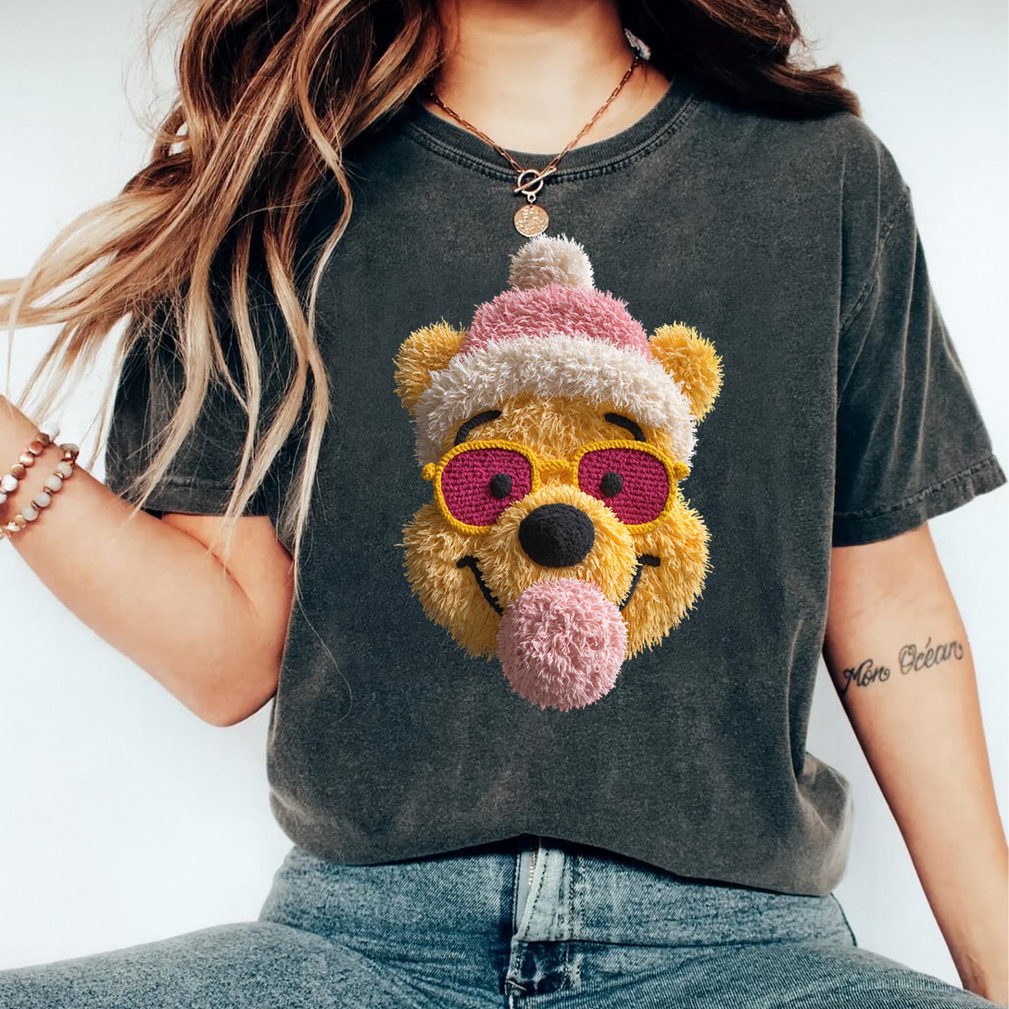 Christmas Crochet Bear in Pink Winter Hat DTF Transfer – Ready to Press Iron On Heat Transfer for DIY Christmas Shirts 12203