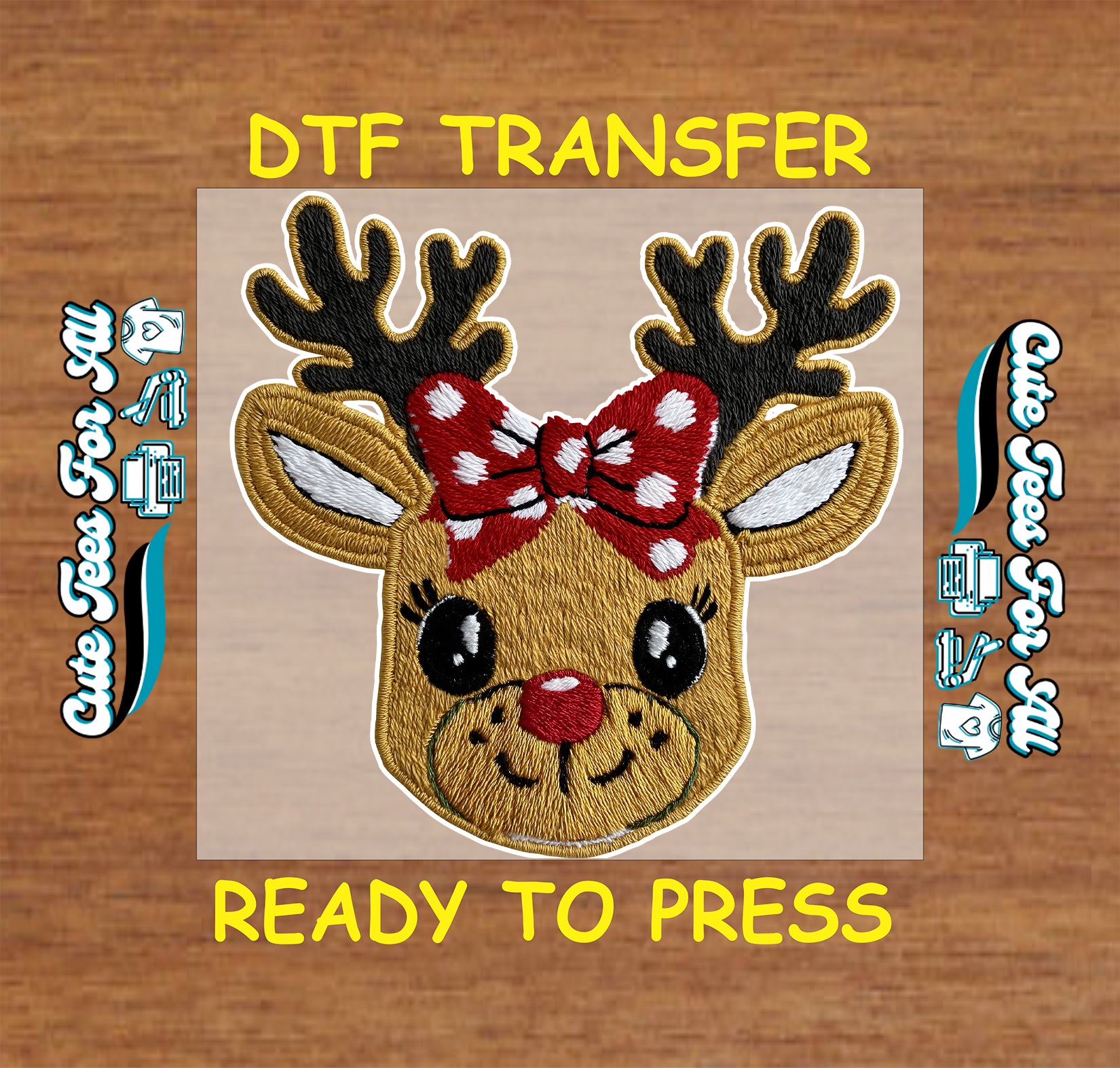 christmas reindeer red bow embroidered look ready to press dtf iron on heat transfer for diy christmas shirts