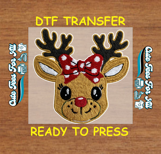 christmas reindeer red bow embroidered look ready to press dtf iron on heat transfer for diy christmas shirts