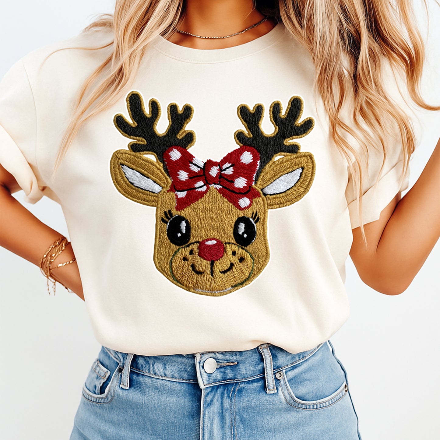Christmas Reindeer with Red Bow DTF Transfer – Ready to Press Iron On Heat Transfer for DIY Christmas Shirts 12204