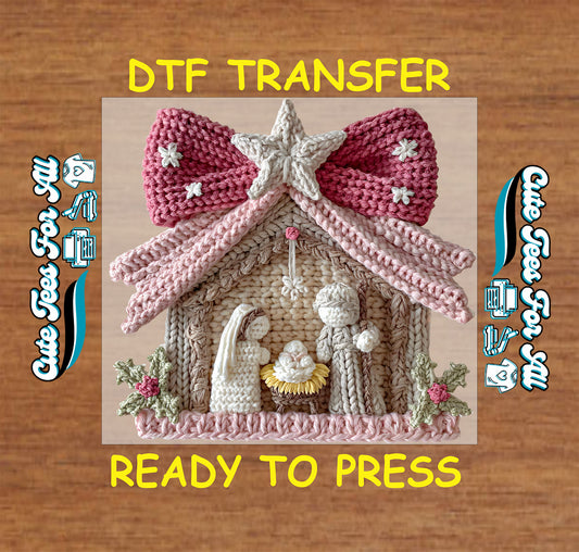 christmas nativity crochet scene pink bow ready to press dtf iron on heat transfer for diy christmas shirts