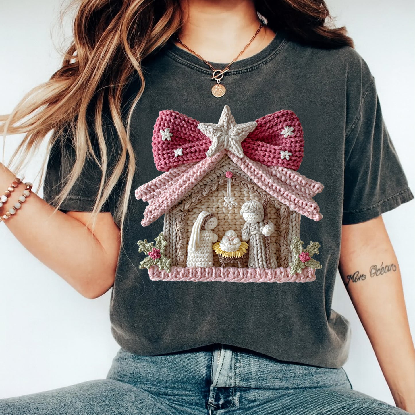 Christmas Nativity Scene with Pink Bow DTF Transfer – Ready to Press Iron On Heat Transfer for DIY Christmas Shirts 12205