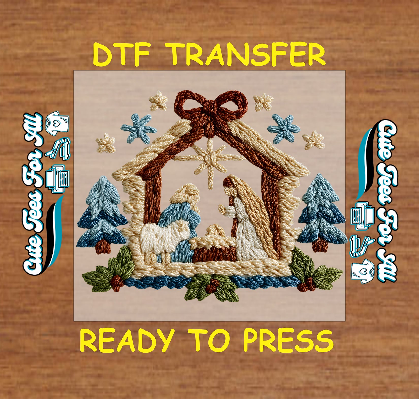 crochet nativity blue trees ready to press dtf iron on heat transfer for diy christmas shirts