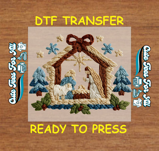 crochet nativity blue trees ready to press dtf iron on heat transfer for diy christmas shirts